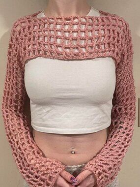 Pink crochet long-sleeve shrug